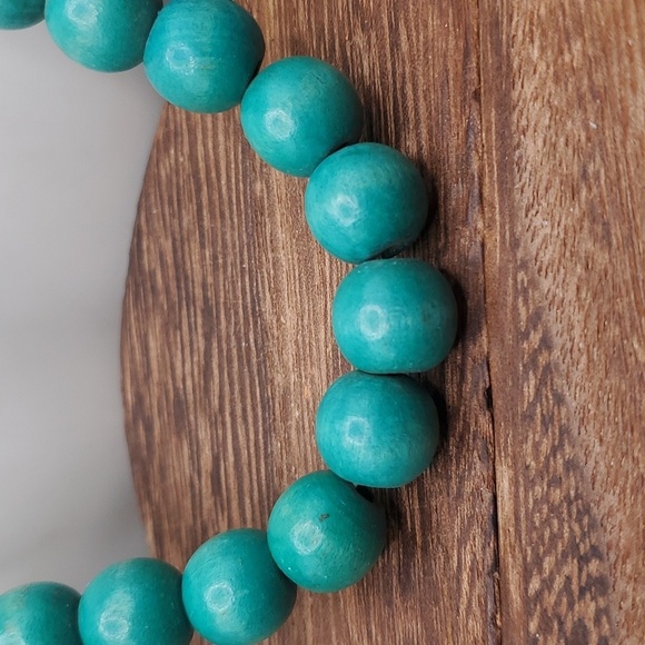 Wooden cream blue ball beaded‎ necklace N3210 - Picture 2 of 2